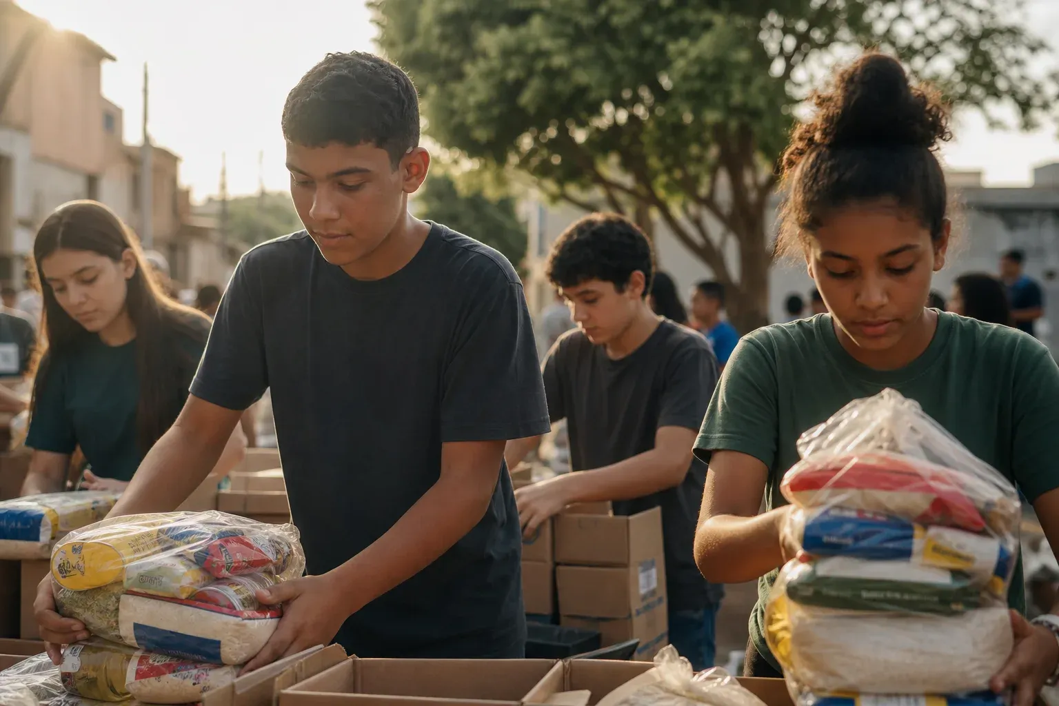 Jovens voluntários montam cestas básicas com alimentos em caixas de papelão, em uma ação social ao ar livre no fim de tarde