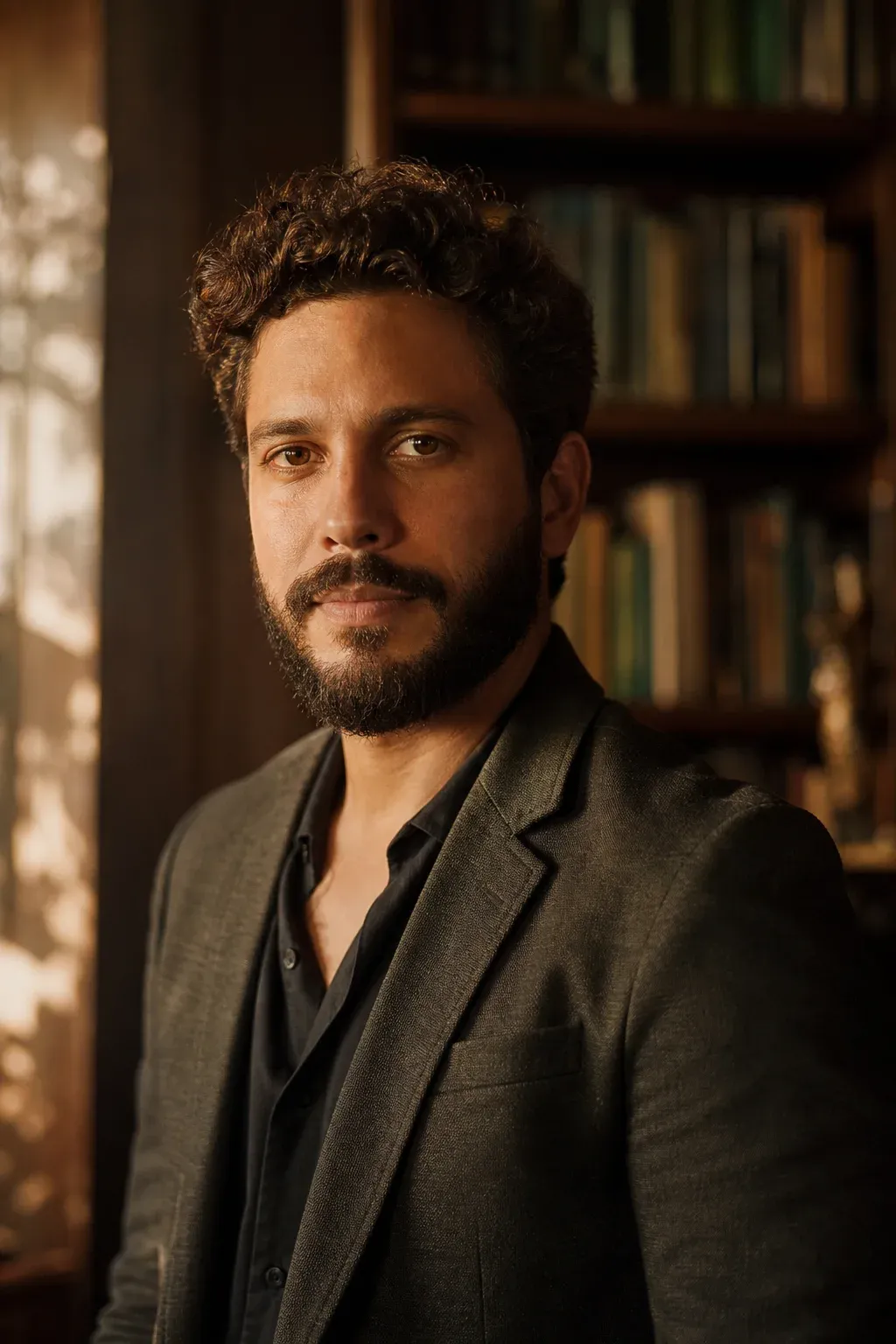 Homem de barba e blazer escuro diante de uma estante de livros