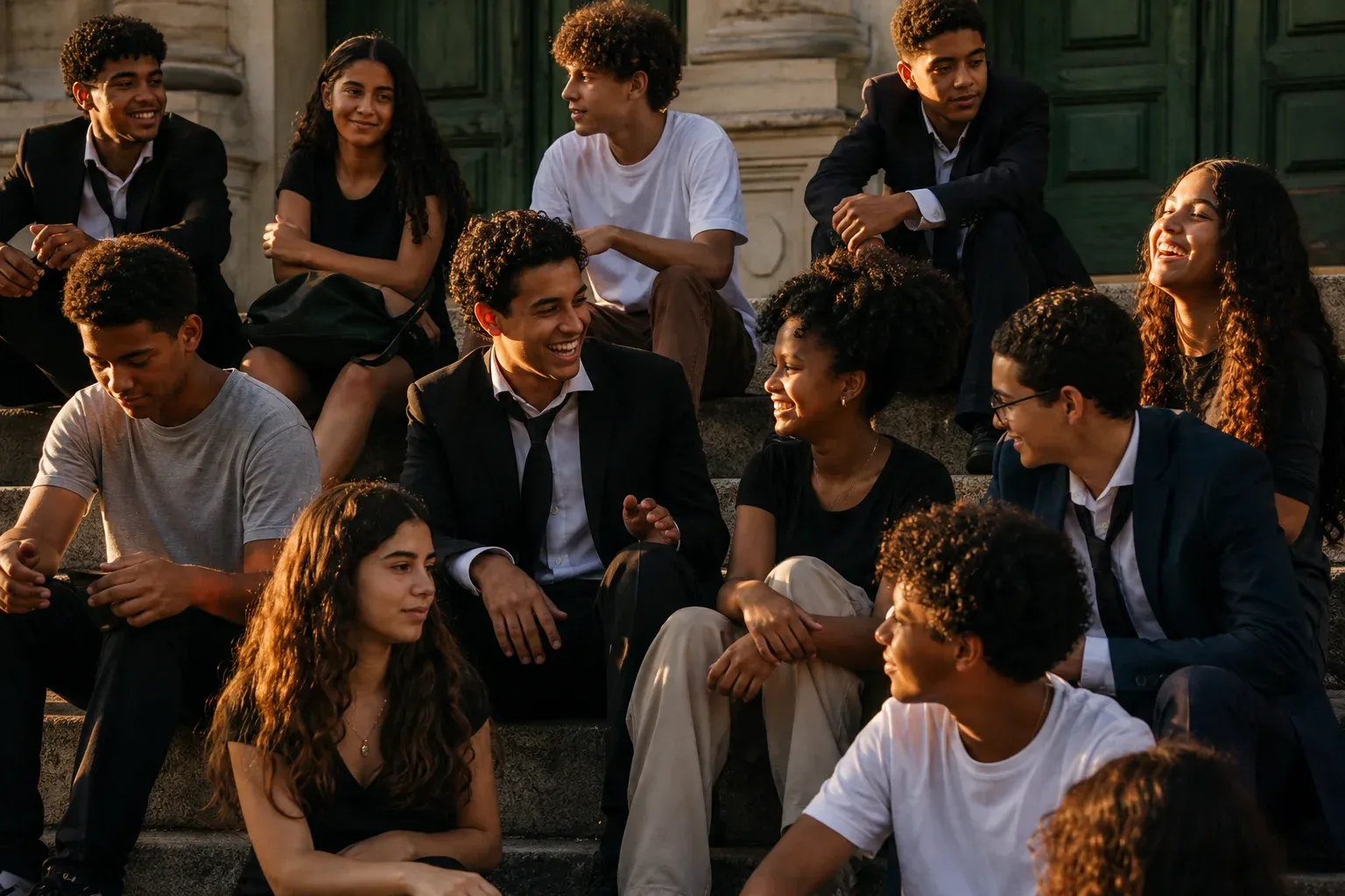 Grupo de jovens conversa e sorri sentado na escadaria de um edifício histórico, no fim de tarde