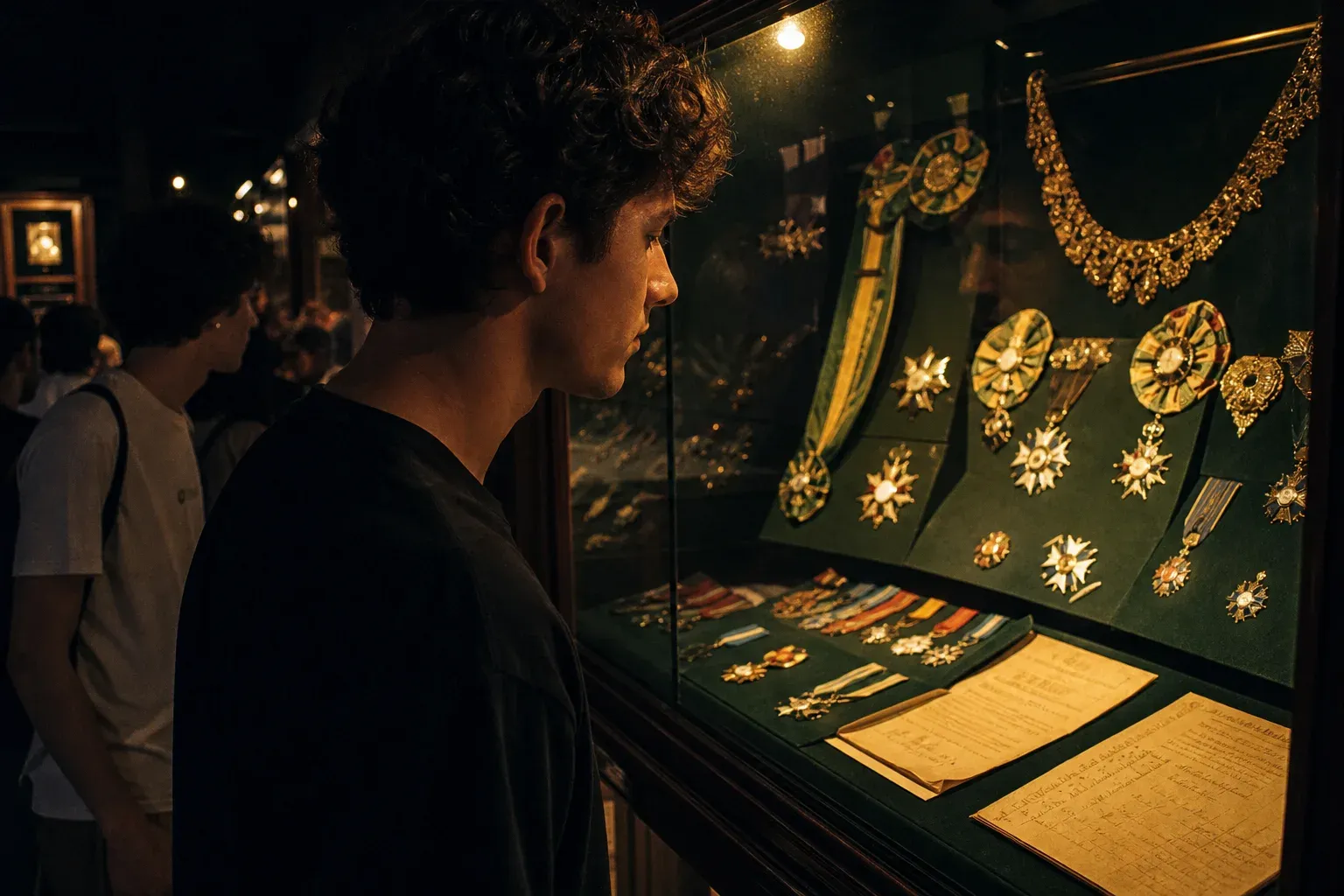 Visitante observa uma vitrine de museu com medalhas, colares e insígnias douradas sobre veludo verde