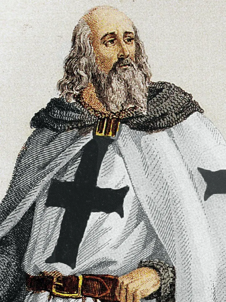 Gravura do século XIX retratando Jacques de Molay de manto branco templário, com a cruz negra e a espada em punho